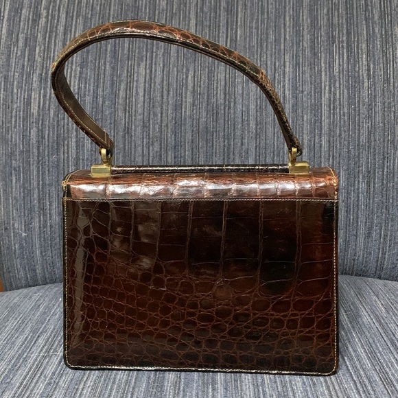 Saks 5th Avenue Crocodile/Alligator Handbag Dark Brown EUC 8” x 6” x 3” - Picture 2 of 10